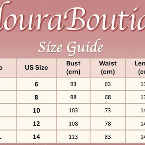 May include: A size guide from Veloura Boutique, with measurements in centimeters. The guide includes sizes S to XXL, with corresponding US sizes, bust, waist, and length measurements. The background is a soft pink with floral accents.
