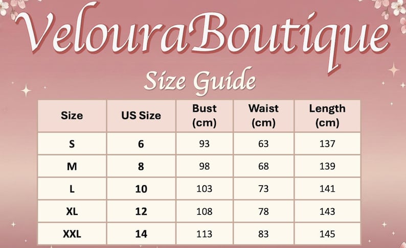 May include: A size guide from Veloura Boutique, with measurements in centimeters. The guide includes sizes S to XXL, with corresponding US sizes, bust, waist, and length measurements. The background is a soft pink with floral accents.
