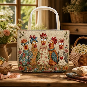 May include: A rectangular quilted tote bag featuring a colorful illustration of five chickens with distinct patterns and accessories. The bag has two white fabric handles and a cream-colored background with swirling quilted stitching details.