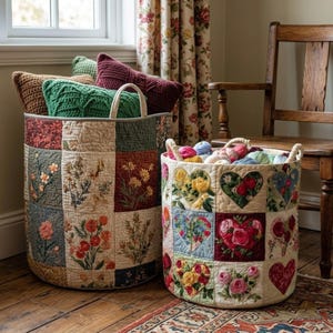 May include: Two cylindrical fabric storage baskets with handles. The larger basket features a patchwork design of various floral patterns in muted tones. The smaller basket displays a grid of heart-shaped motifs filled with detailed floral illustrations.