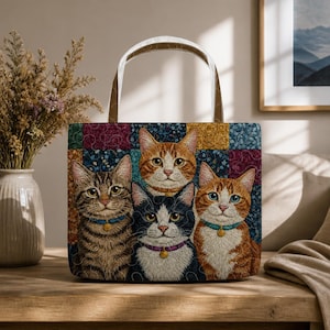 May include: A rectangular tote bag featuring a colorful patchwork background and a detailed illustration of four cats. The cats include a brown tabby, an orange tabby, a black and white cat, and a ginger cat, each wearing a small collar with a charm.