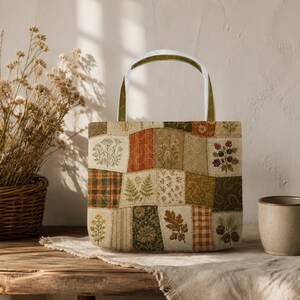 May include: A tote bag featuring a patchwork design with various botanical prints including ferns, pinecones, berries, and wildflowers in earthy tones of green, orange, and cream. The bag has two white handles and visible quilted stitching.