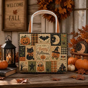 May include: A rectangular tote bag featuring a patchwork design with Halloween motifs including a black cat, jack-o'-lanterns, a bat, a crescent moon, and a haunted house. The center panel displays the text A VERY Happy Halloween.