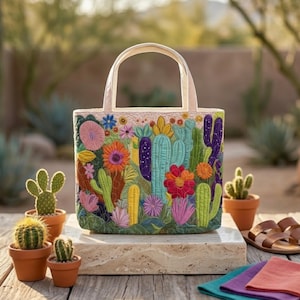 May include: A quilted tote bag featuring an embroidered desert scene with various cacti in shades of green, blue, and purple, accented by vibrant orange, pink, and yellow flowers. The bag has two top handles and a light-colored fabric base.
