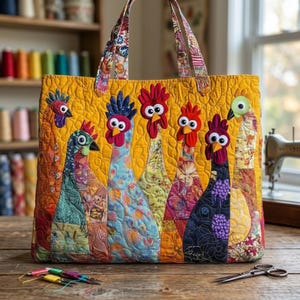 May include: A quilted tote bag with a mustard yellow background featuring six colorful fabric chickens with googly eyes and red combs. The bag has two patterned fabric handles and a textured, stitched surface throughout the entire design.