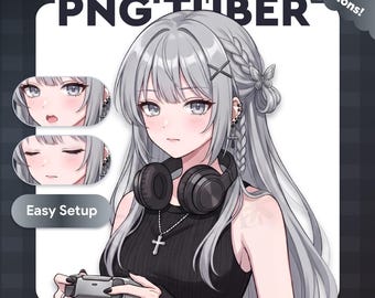 May include: An anime-style digital character illustration labeled Gracia PNG Tuber with 1 emotions. The character has long silver hair, wears a black sleeveless top, black headphones, and a cross necklace, while holding a gray game controller.