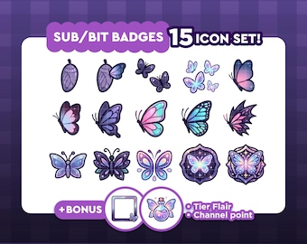 May include: A set of 15 digital sub and bit badges featuring butterfly-themed icons in shades of purple, pink, and blue. The collection includes chrysalises, various butterfly designs, and two circular framed icons. Text reads SUB/BIT BADGES 15 ICON SET!