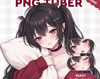 May include: Digital illustration of a sleepy vampire PNG Tuber character. The character has long black hair, red eyes, and is wearing a red sweater and a black choker. The image includes text that says "Sleepy vampire" and "PNG Tuber".