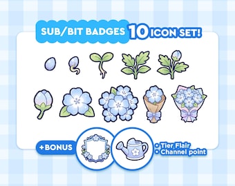 May include: A set of 10 icon badges featuring a floral theme, with a bonus frame and watering can. The badges include images of seeds, sprouts, leaves, buds, and bouquets in shades of blue and green. Text reads "SUB/BIT BADGES 10 ICON SET!" and "+ BONUS".