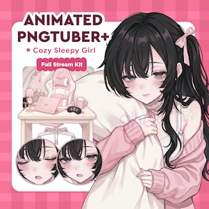 Animated Sleepy Girl Pngtuber Plus Model | Cozy Stream Starter Kit | Veadotube Ready Avatar | Kawaii Pink VTuber | Twitch Assets Bundle