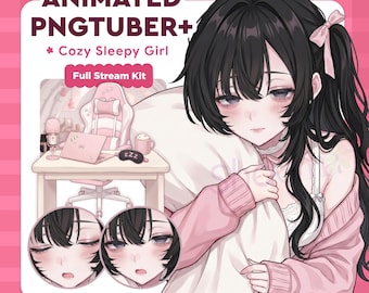 Animated Sleepy Girl Pngtuber Plus Model | Cozy Stream Starter Kit | Veadotube Ready Avatar | Kawaii Pink VTuber | Twitch Assets Bundle