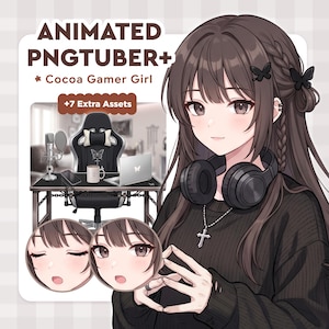 Könnte beinhalten: Animierte PNGTuber+-Grafik mit "Cocoa Gamer Girl". Das Bild zeigt eine junge Frau mit braunen Haaren, Kopfhörern und einer Kreuzkette. Der Hintergrund umfasst ein Gaming-Setup mit Stuhl, Schreibtisch und Laptop. Zusätzliche Assets sind ebenfalls enthalten.