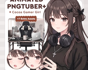 May include: An animated PNGTuber+ graphic featuring "Cocoa Gamer Girl." The image shows a young woman with brown hair, headphones, and a cross necklace. The background includes a gaming setup with a chair, desk, and laptop. Additional assets are also included.