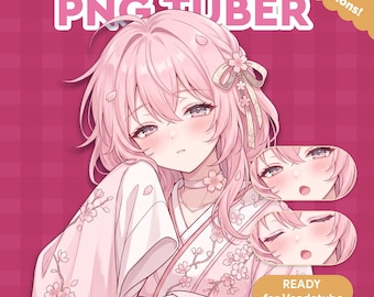 May include: A digital illustration of a pink-haired anime-style character in a pink kimono, with cherry blossom details. The image includes the text "SAKURA PNG TUBER" and "1 Emotions!" and is labeled "READY for Veadotube".