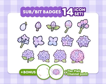 May include: A set of 14 icon badges featuring various stages of hydrangea flowers in shades of purple, pink, and green. The text "SUB/BIT BADGES" and "ICON SET!" are at the top. Includes a bonus icon and text for "Tier Flair" and "Channel point".