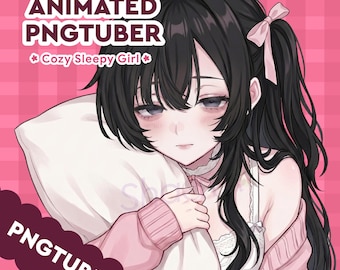 May include: Digital illustration of a character with long black hair and a pink bow, wearing a pink cardigan over a white lace top, holding a white pillow. Text reads: ANIMATED PNGTUBER Cozy Sleepy Girl and PNGTUBER+ on a pink plaid background.