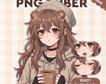May include: Digital illustration of a brown-haired anime-style character wearing a beige hoodie and beanie, holding a brown mug. The image includes the text "*KAMU KUMA* PNG TUBER" and two additional facial expressions. The text "READY for VeadoTube" is also present.