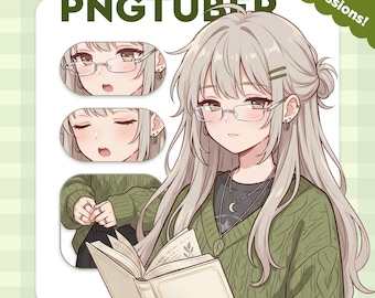 May include: An illustration of a young woman with long, light hair wearing glasses and a green sweater, holding a book. The image includes smaller illustrations of her face with different expressions. Text reads "* SAKA GIRL * PNGTUBER" and "4 Expressions!"