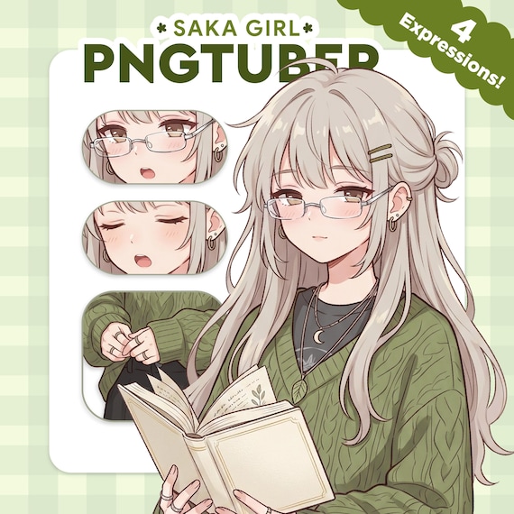 Cozy Girl Sage Green Anime PNGTuber Avatar PNGTuber Model 4 Expressions PNG Avatar for Veadotube Streamer Cute Study Girl