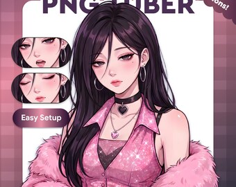 May include: An anime-style digital illustration of a character with long dark hair, wearing a pink glittery top, a black choker with a heart pendant, and a pink faux fur coat. The character holds a pink game controller. Text includes Eda Idol PNG TUBER.