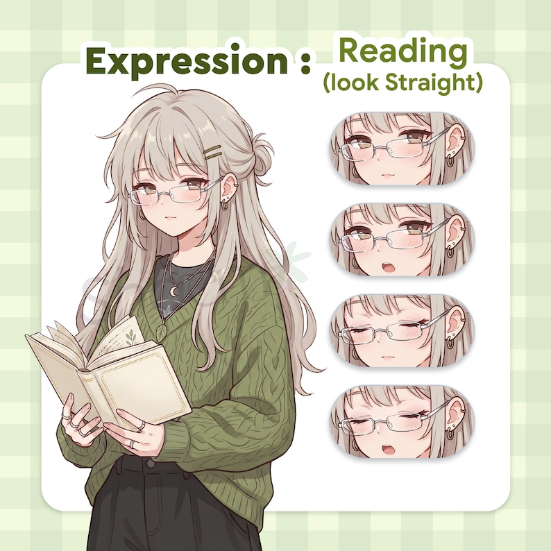 anime png avatar girl reading straight expression looking forward pngtuber character