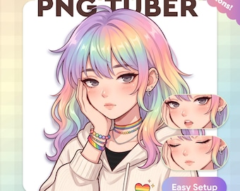 May include: Digital art of a person with rainbow hair, wearing a white hoodie and rainbow jewelry. The image includes the text "PNG Tuber" and "Pride". Additional images show different facial expressions. A rainbow heart is on the hoodie.