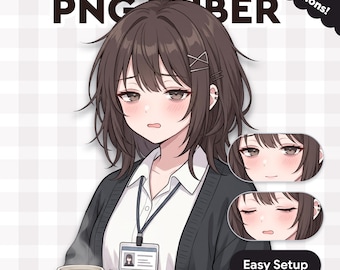 May include: An illustration of a tired anime-style character with brown hair, wearing a white shirt, black cardigan, and an ID badge. The image includes the text "Tired MINA" and "PNGtuber", with two additional facial expressions and the words "Easy Setup".