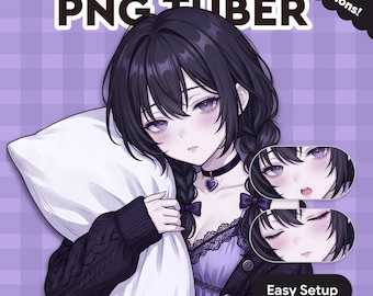 May include: Digital illustration of a character with black hair and purple eyes, holding a white pillow. The image includes text that reads "VIOLET PNG TUBER" and "1 Emotions!" with additional facial expressions. The background is a purple plaid pattern.