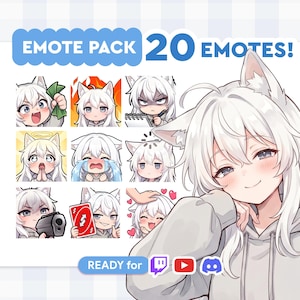 Op de afbeelding: Een digitaal Emote Pack met 20 emotes met een anime-personage met wit haar en kattenoren. De emotes tonen verschillende uitdrukkingen, waaronder vreugde, woede en verdriet. De tekst "EMOTE PACK 20 EMOTES!" staat bovenaan.