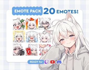 May include: A digital art Emote Pack with 20 emotes featuring a white-haired anime character with cat ears. The emotes display various expressions, including joy, anger, and sadness. The text "EMOTE PACK 20 EMOTES!" is displayed at the top. The words "READY for" are at the bottom.
