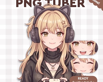 May include: Digital illustration of a blonde-haired anime-style character wearing a headset with cat ears and holding a game controller. The image includes the text "* MOMO * PNG TUBER" and "READY for VeadoTube."