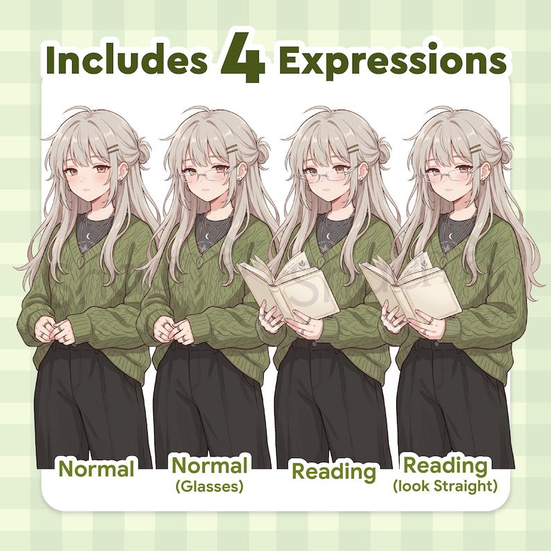 anime pngtuber avatar girl 4 expressions normal glasses reading straight version png character set for streaming