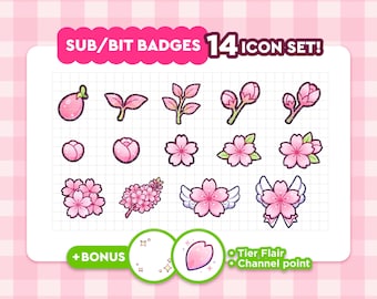 May include: A set of 14 pink floral icon badges with a white background and a pink gingham pattern. The text "SUB/BIT BADGES 14 ICON SET!" is displayed at the top. Additional text includes "+ BONUS", "Tier Flair", and "Channel point".