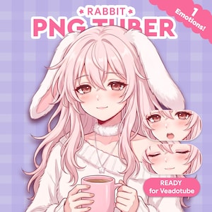 Op de afbeelding: Digitale illustratie van een anime-personage met roze haar en konijnenoren, met een roze mok. De afbeelding bevat de tekst "RABBIT PNG TUBER" en "7 Emotions!" en is klaar voor VeadoTube.
