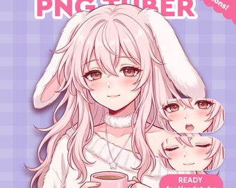 May include: Digital illustration of a pink-haired anime character with bunny ears, holding a pink mug. The image includes the text "RABBIT PNG TUBER" and "7 Emotions!" and is ready for VeadoTube.