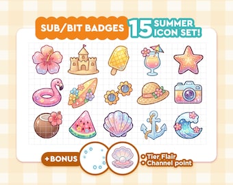 Twitch Sub Badges Pack (15+) | Cute Summer Beach Kawaii Stream Badges | Channel Points & Tier Flairs | Pastel Twitch Icons