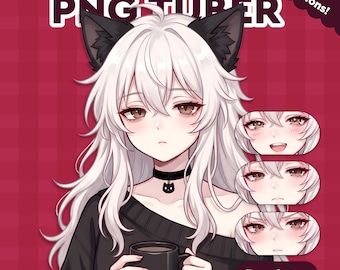 May include: Digital illustration of a cat girl PNG tuber with white hair, black cat ears, and a black choker. The image includes four different facial expressions and the text "CAT GIRL PNG TUBER" and "Easy Setup". The background is a red plaid pattern.