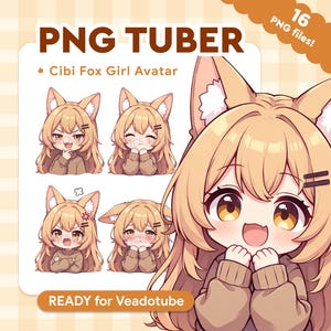 May include: A digital art graphic featuring a Cibi Fox Girl Avatar. The image includes multiple expressions of the character, with text that reads "PNG TUBER" and "READY for Veadotube". The image also states "16 PNG files!"