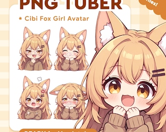 May include: A digital art graphic featuring a Cibi Fox Girl Avatar. The image includes multiple expressions of the character, with text that reads "PNG TUBER" and "READY for Veadotube". The image also states "16 PNG files!"