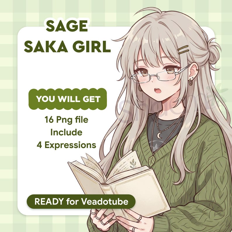 pngtuber avatar girl sage green aesthetic 16 png files included character set for veadotube streamer