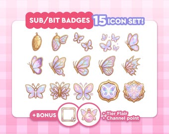May include: A digital icon set featuring 15 butterfly-themed sub and bit badges with iridescent purple and pink wings, gold outlines, and sparkling details. Includes a bonus square frame and a potion bottle icon with the text SUB/BIT BADGES 15 ICON SET!