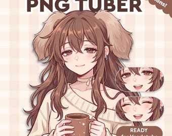 May include: An anime-style digital illustration of a character with brown hair and puppy ears, wearing a beige sweater and holding a brown mug. The text reads PUPPY FLUFFY PNG TUBER, 1 Emotions!, and READY for Veadotube, featuring two smaller facial expressions.
