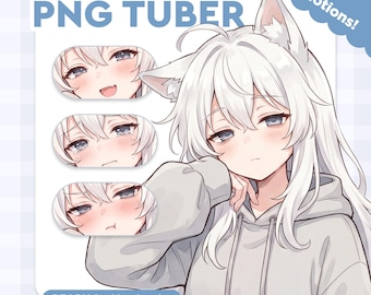 May include: A digital illustration of a white-haired anime character with fox ears, wearing a gray hoodie. The image includes the text "White Fox PNG Tuber" and displays four different facial expressions. The text "READY for Veadotube" is also present.