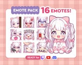 Cat Girl Twitch Emotes Pack | 16 Cute Kawaii Emotes | Discord Emotes | PNG Stream Emotes | Chibi VTuber Emote Set