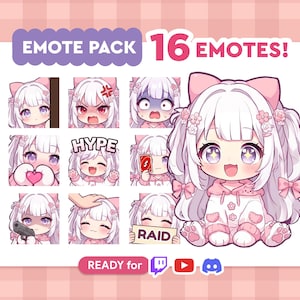 Può includere: Un pacchetto di emote digitali con 16 emote. Le emote presentano un personaggio in stile anime con capelli bianchi e dettagli rosa, che esprimono varie emozioni. Il testo include "EMOTE PACK" e "16 EMOTES!" su sfondo rosa.