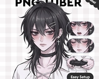 May include: A digital illustration of a character with black hair, wearing a white lace-up shirt and a black choker. The character has multiple ear piercings with cross earrings. Includes three smaller inset panels showing different facial expressions.