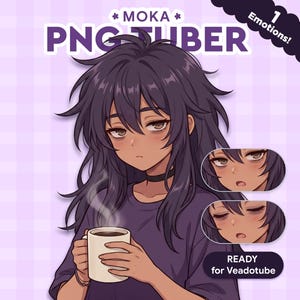 Cozy Tired Anime Girl PNGTuber Model for Veadotube Mini | Emo Girl VTuber Avatar, Purple Aesthetic, Chill Lofi Streamer, Messy Hair E-Girl