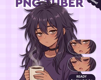Cozy Tired Anime Girl PNGTuber Model for Veadotube Mini | Emo Girl VTuber Avatar, Purple Aesthetic, Chill Lofi Streamer, Messy Hair E-Girl