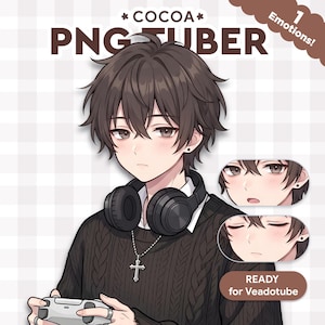 May include: Digital illustration of a male character with brown hair, wearing a black sweater, headphones, and a cross necklace. The image includes the text "*COCOA* PNG TUBER" and two additional facial expressions. The words "READY for VeadoTube" are also present.