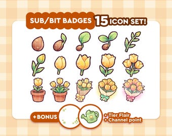 May include: A set of 15 icon badges featuring various stages of a plant's growth, from seed to blooming tulip bouquets. The badges are in a cartoon style with a soft color palette, and the text "SUB/BIT BADGES 15 ICON SET!" is displayed at the top.